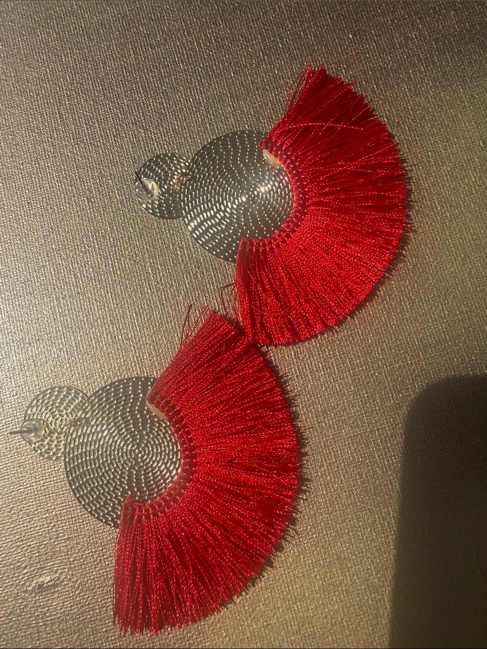 Statement Red Tassel Gold Disk Fan Earrings